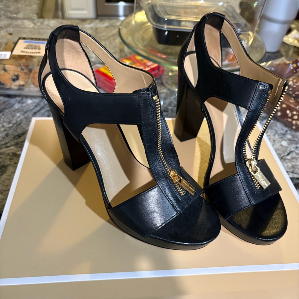 Michael Kors Black Leather Heels with Gold Zipper